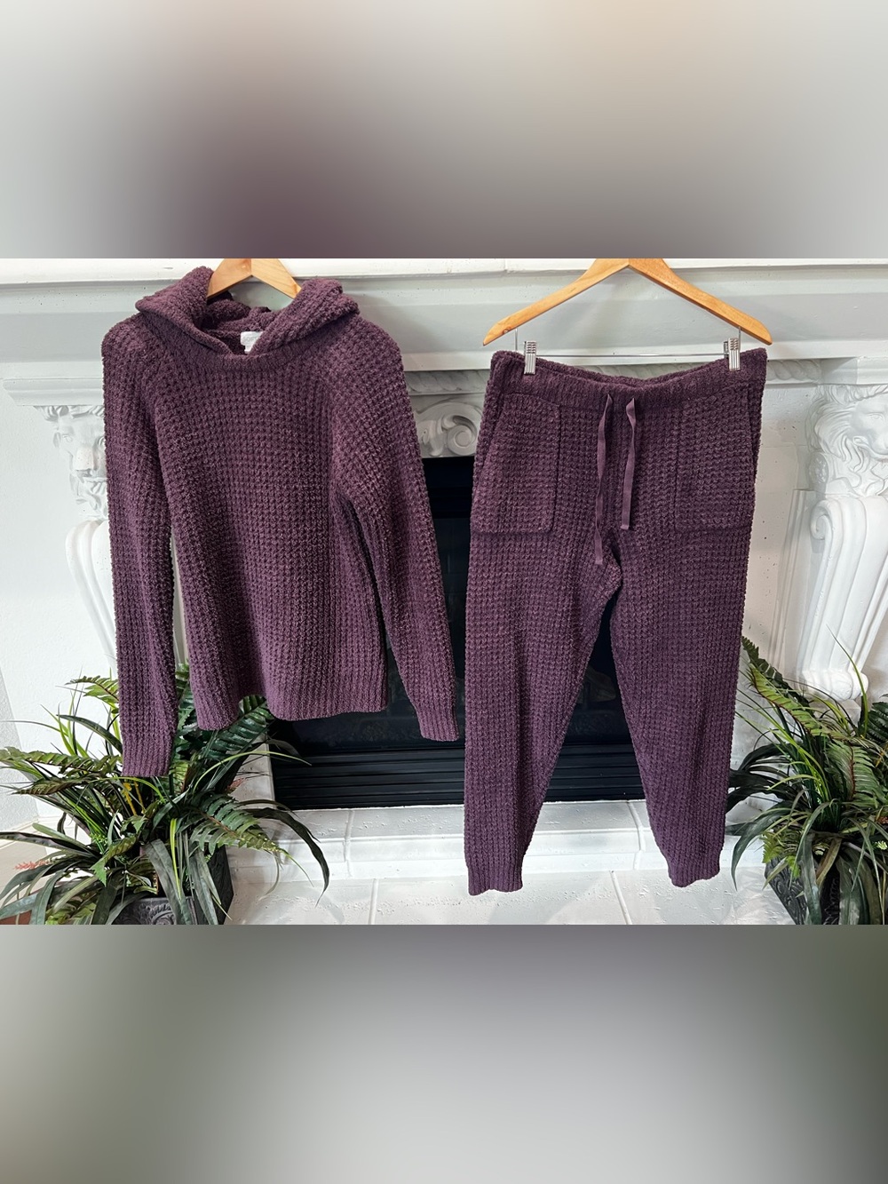 Softies Cozy Waffle-Knit Hooded Lounge Set - Deep Plum